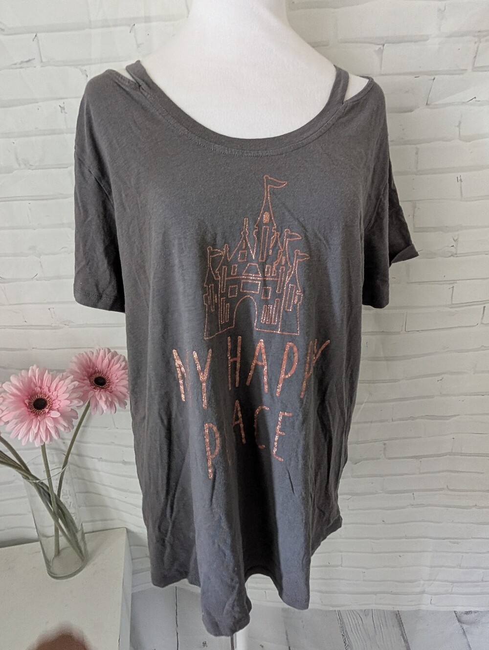 Disney Women's Gray Graphic Tee with Rose Gold Castle Print